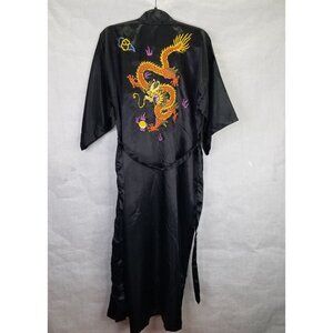 Lucky Kimono Bath Robe M Hand Embroidered Chinese Dragon Black Satin Tie Pockets